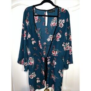 ALMOST FAMOUS Womens Kimono Tie Top Green Floral Sheer  Plus Sz 3X Fairy Boho